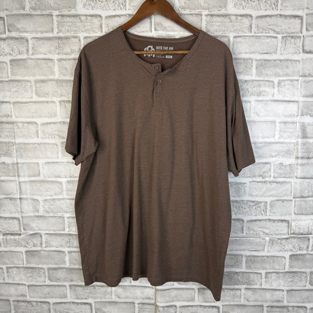 Into The AM Mens Henley Shirt Brown Short Sleeve Casual Tee Size 2XL